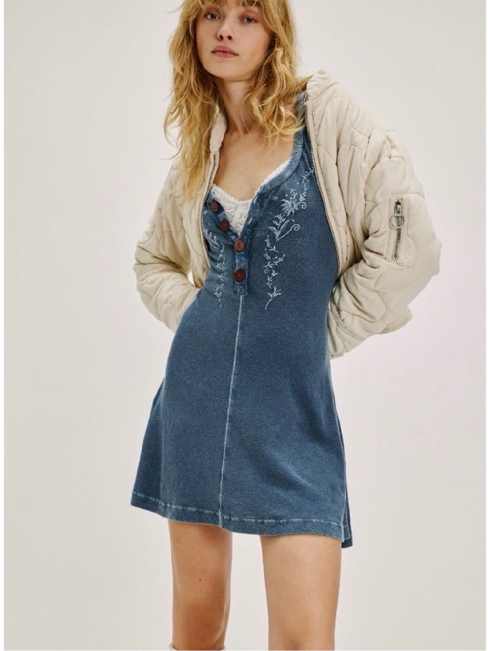 NWT Free People Women's Finley Henley Dress in Blue Large